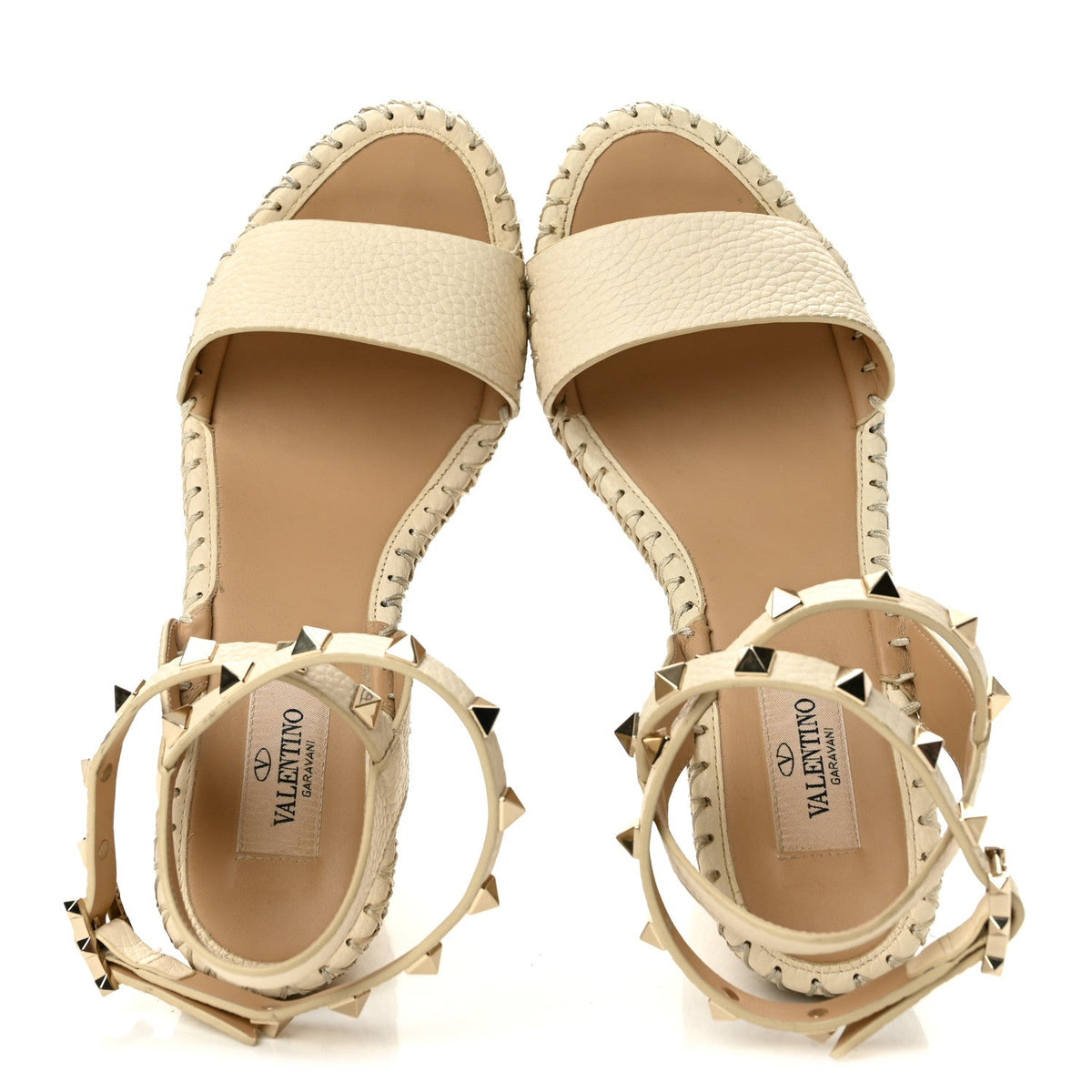 Grained Calfskin Rockstud Ankle Strap Espadrille 15/105mm Wedge Sandals 36 Light Ivory Natural