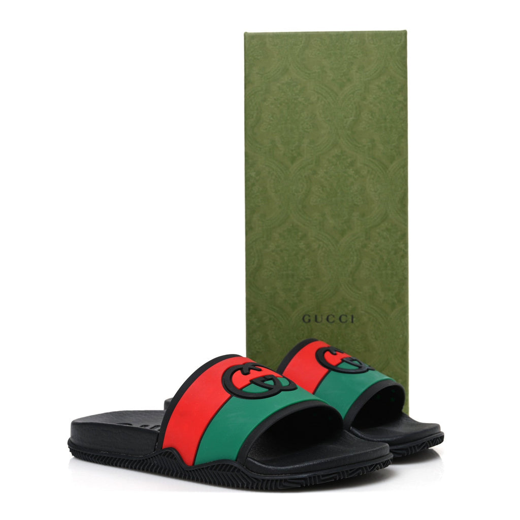 Rubber Web Womens Interlocking G Slide Sandals 35 Black Green Red