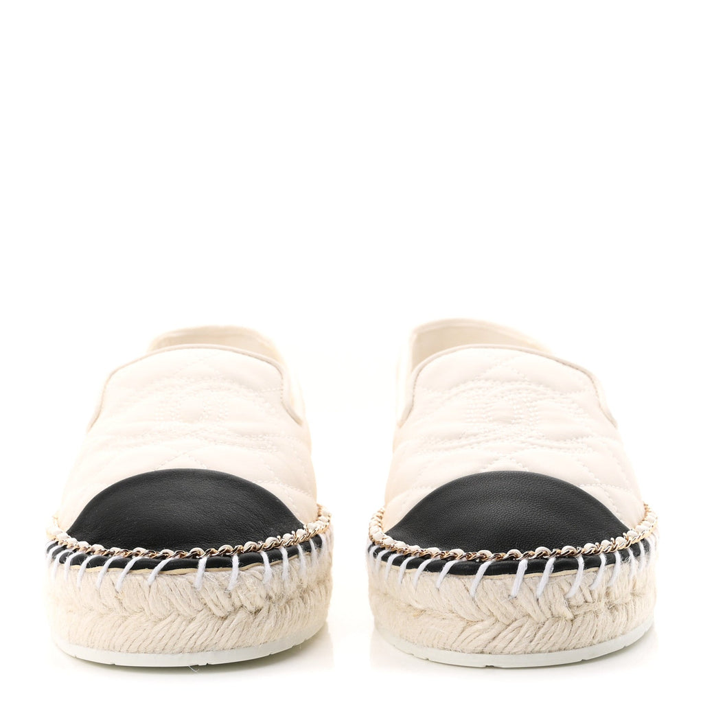 Shiny Lambskin Quilted Grosgrain Cap Toe CC Chain Espadrilles 37 White Black