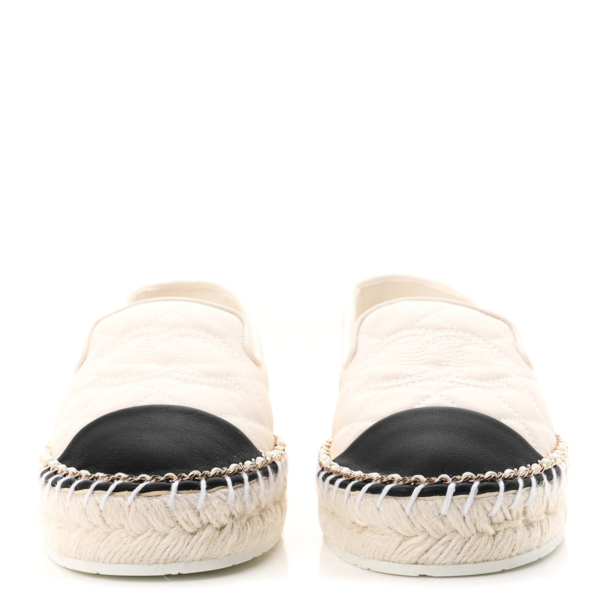 Shiny Lambskin Quilted Grosgrain Cap Toe CC Chain Espadrilles 37 White Black
