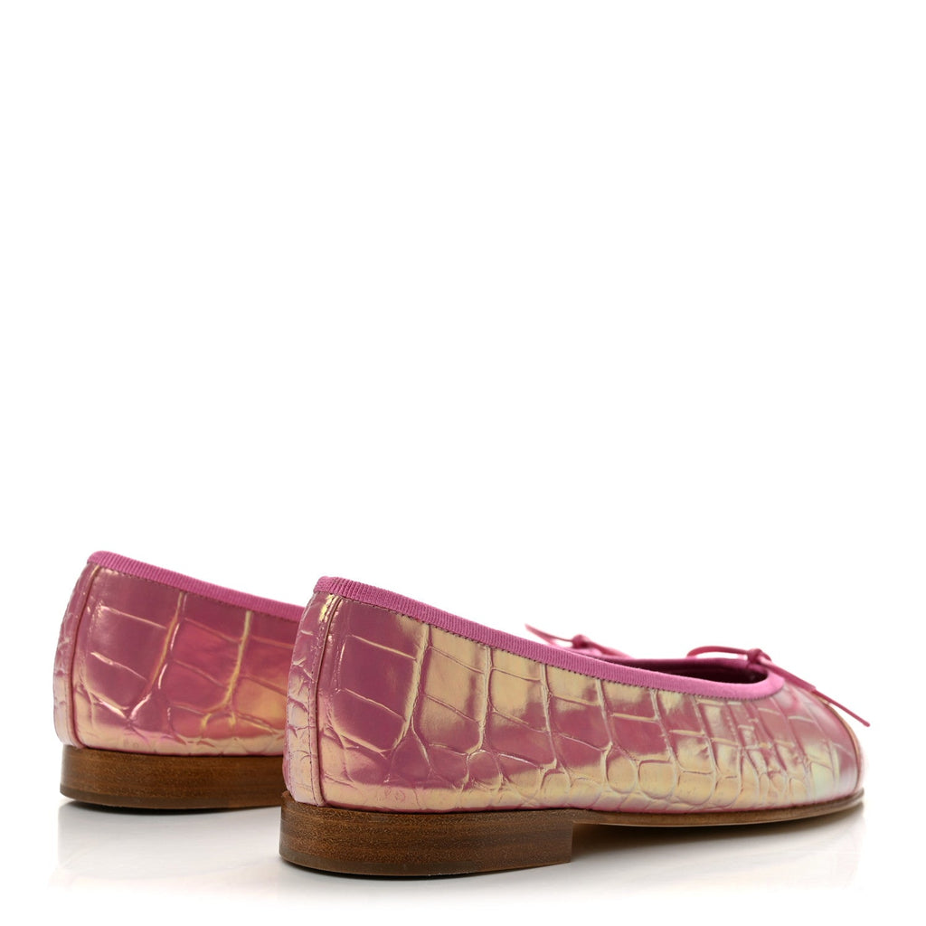 Iridescent Calfskin Crocodile Embossed Ballerina Flats 37 Pink
