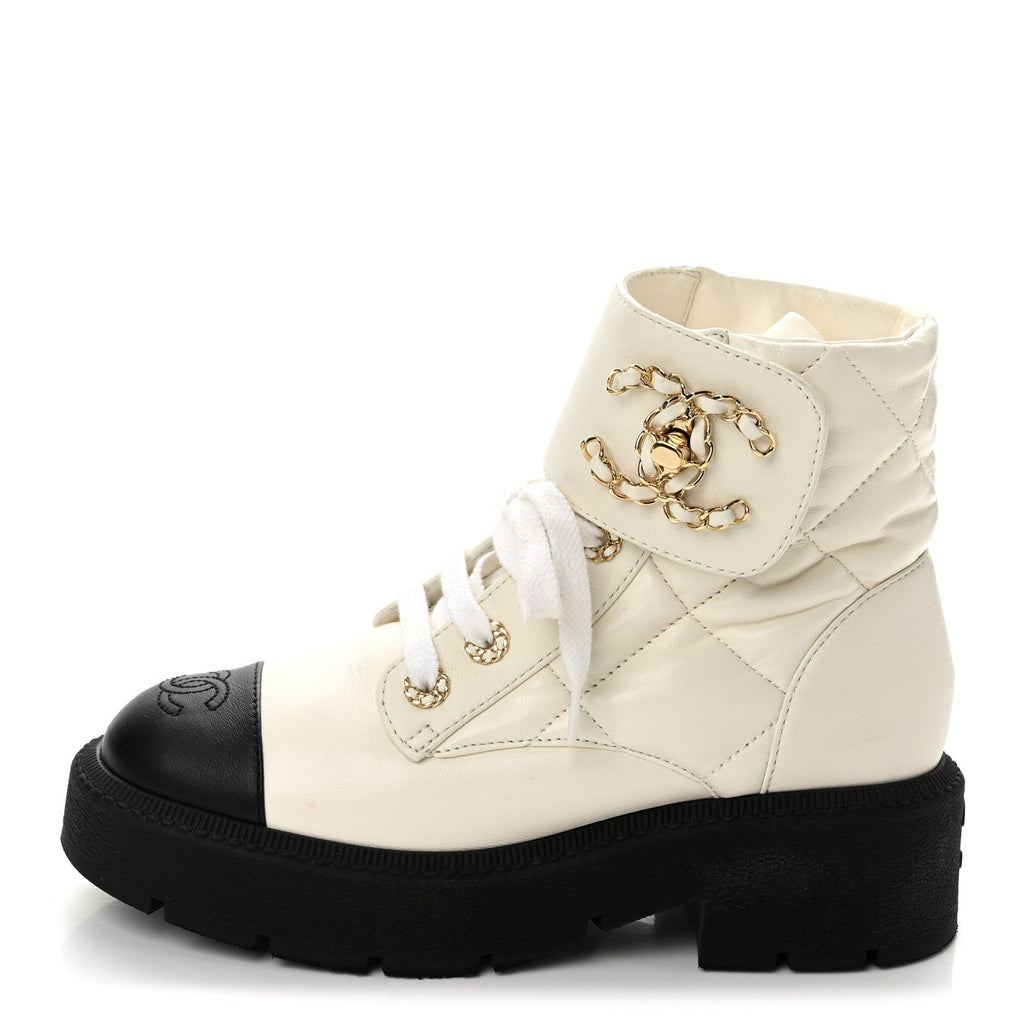 Lambskin Calfskin Quilted Lace Up Combat Boots 36.5 White Black