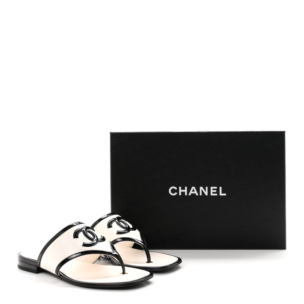 Lambskin Patent Calfskin CC Thong Sandals 36.5 White Black