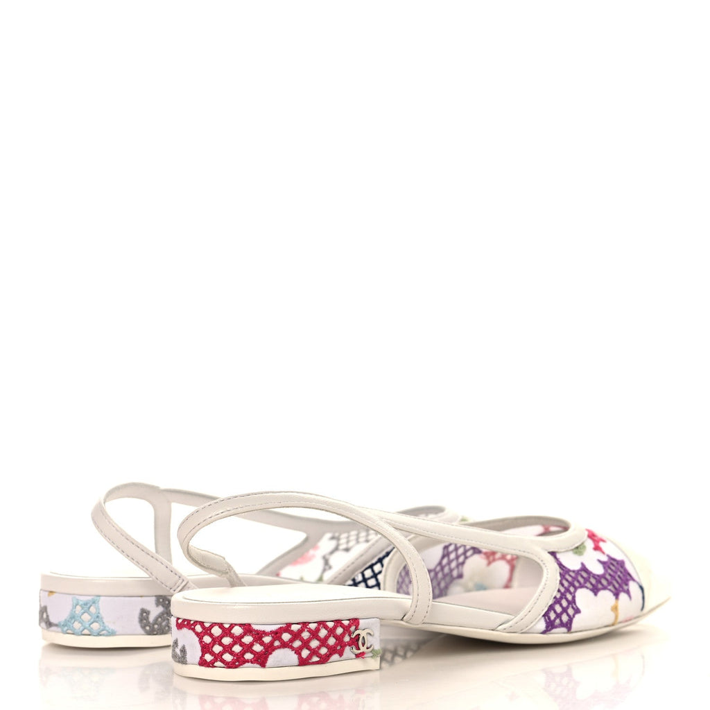 Cotton Guipure Patent Embroidered Floral Cap Toe CC Slingback Flats 37 White Multicolor