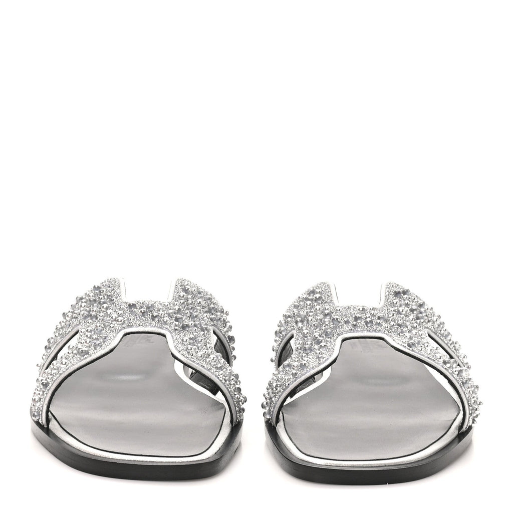 Velvet Goatskin Crystal Beads Oran Sandals 35.5 Gris Argente