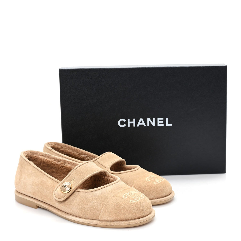 Suede Shearling Mary Jane Flats 36.5 Beige
