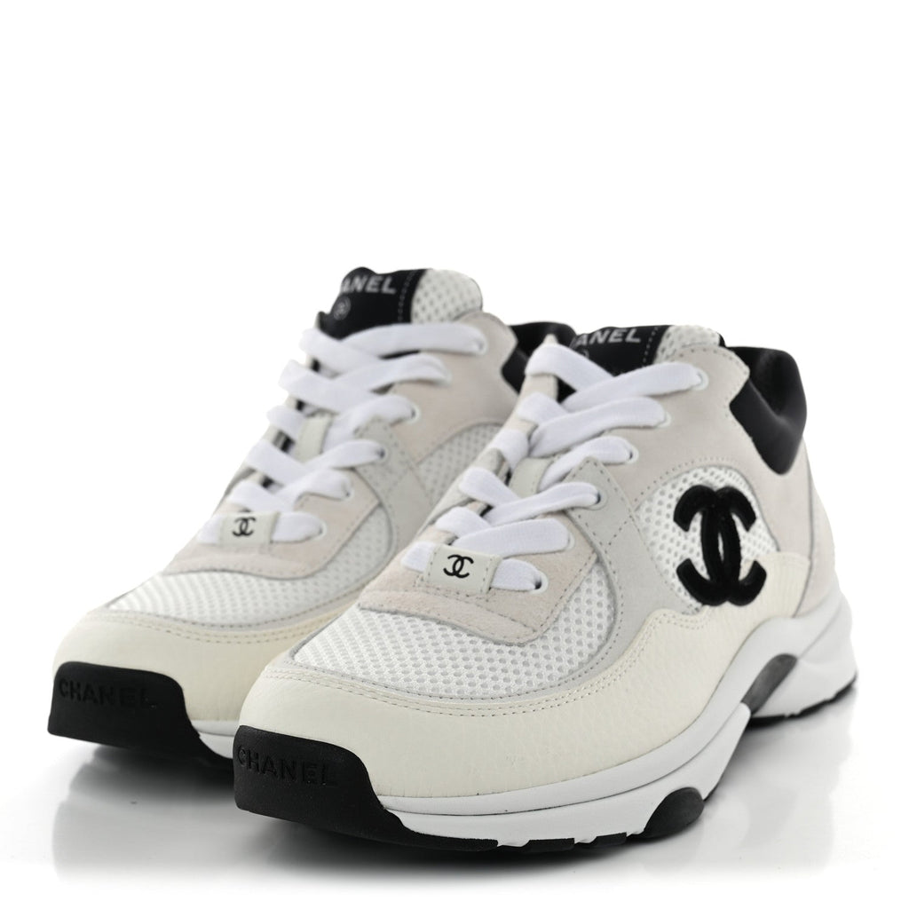 Mesh Suede Grained Calfskin Womens CC Sneakers 39.5 White Black
