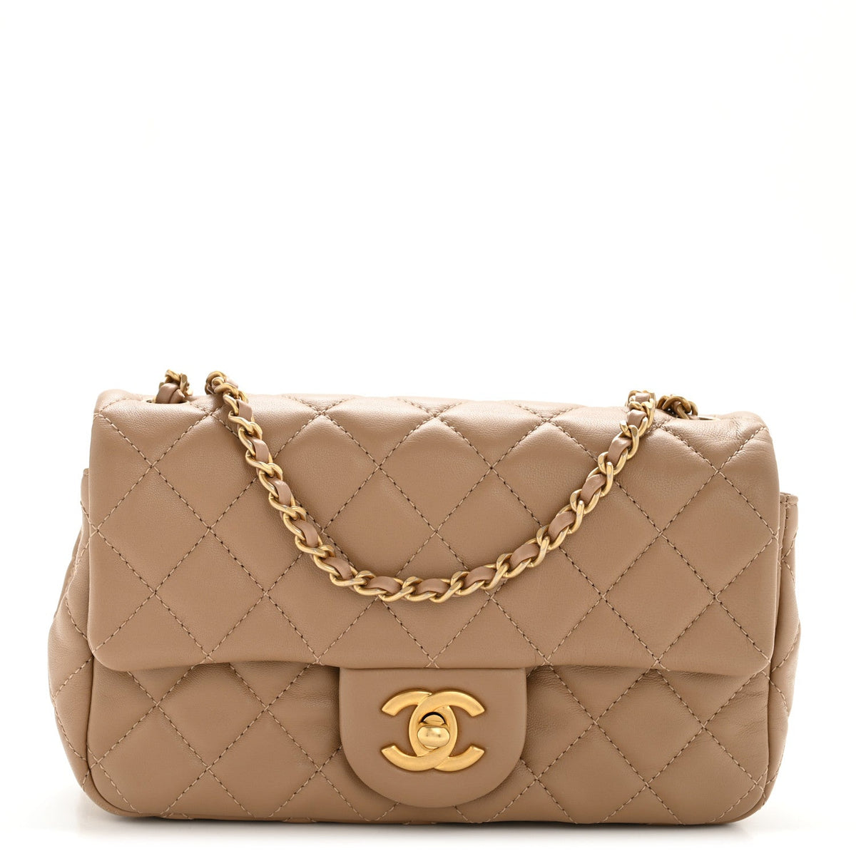 Lambskin Quilted Mini Rectangular Pearl Crush Flap Beige
