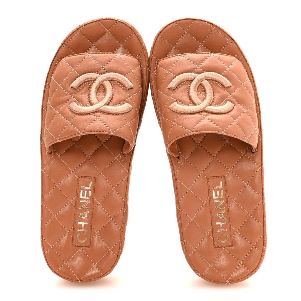 Lambskin Quilted CC Mules Sandals 37 Brown