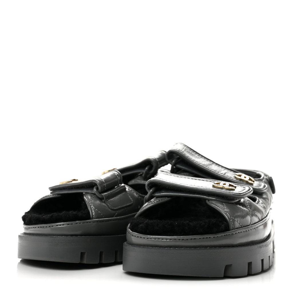 Laminated Lambskin Shearling Crystal CC Velcro Dad Platform Sandals 36 Dark Grey Black
