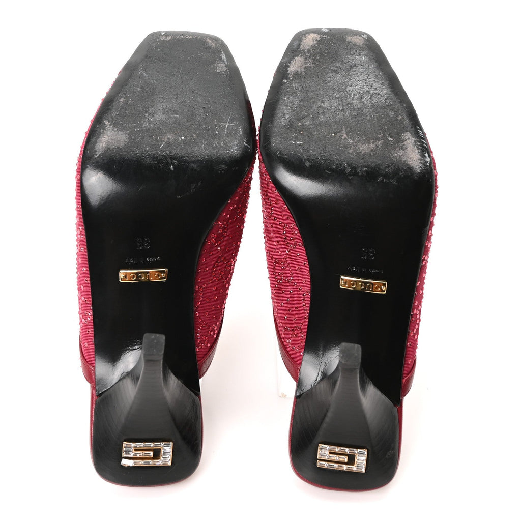 Moire Fabric Malaga Kid Crystal GG Monogram Square G 95mm Slide Sandals 35 Dark Cherry Red