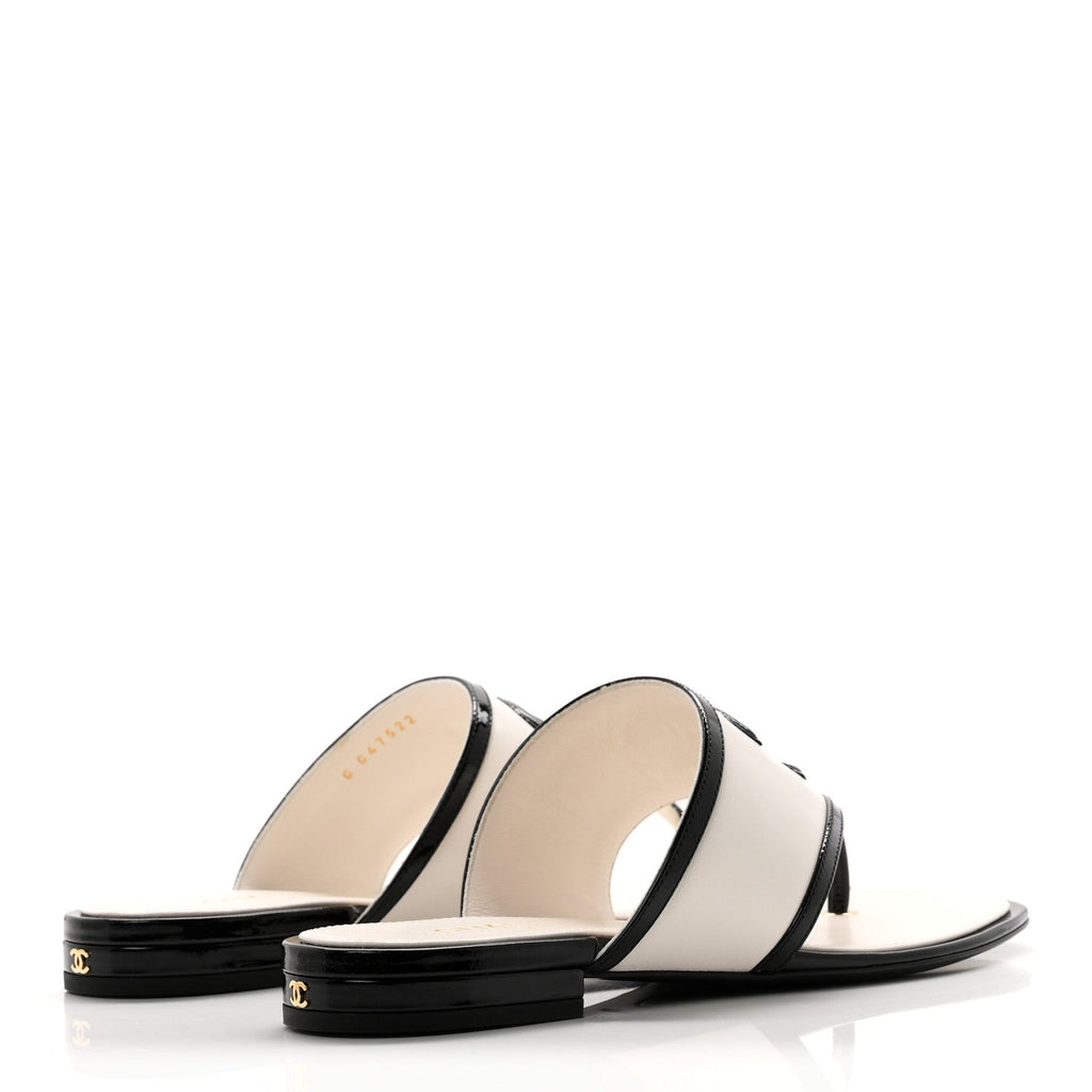 Lambskin Patent Calfskin CC Thong Sandals 36.5 White Black