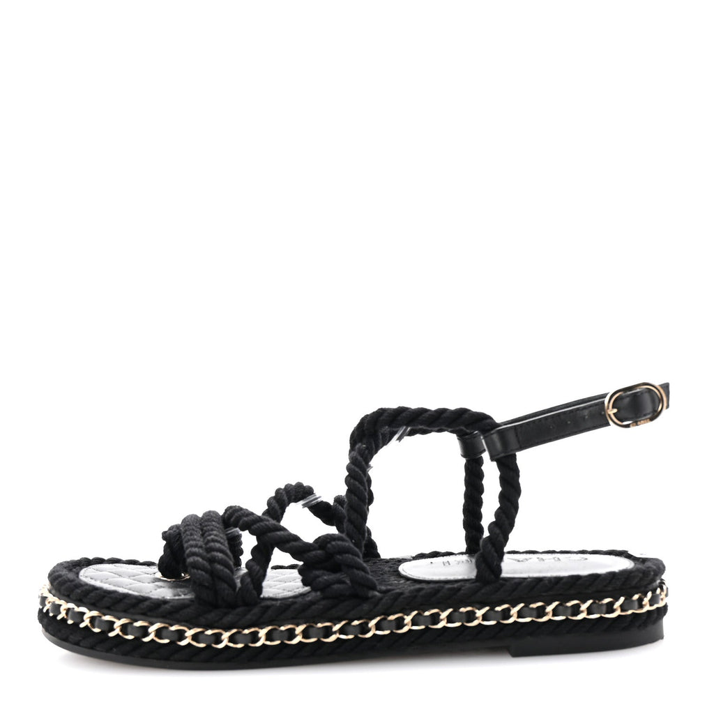 Lambskin Cord Chain CC Sandals 37 Black