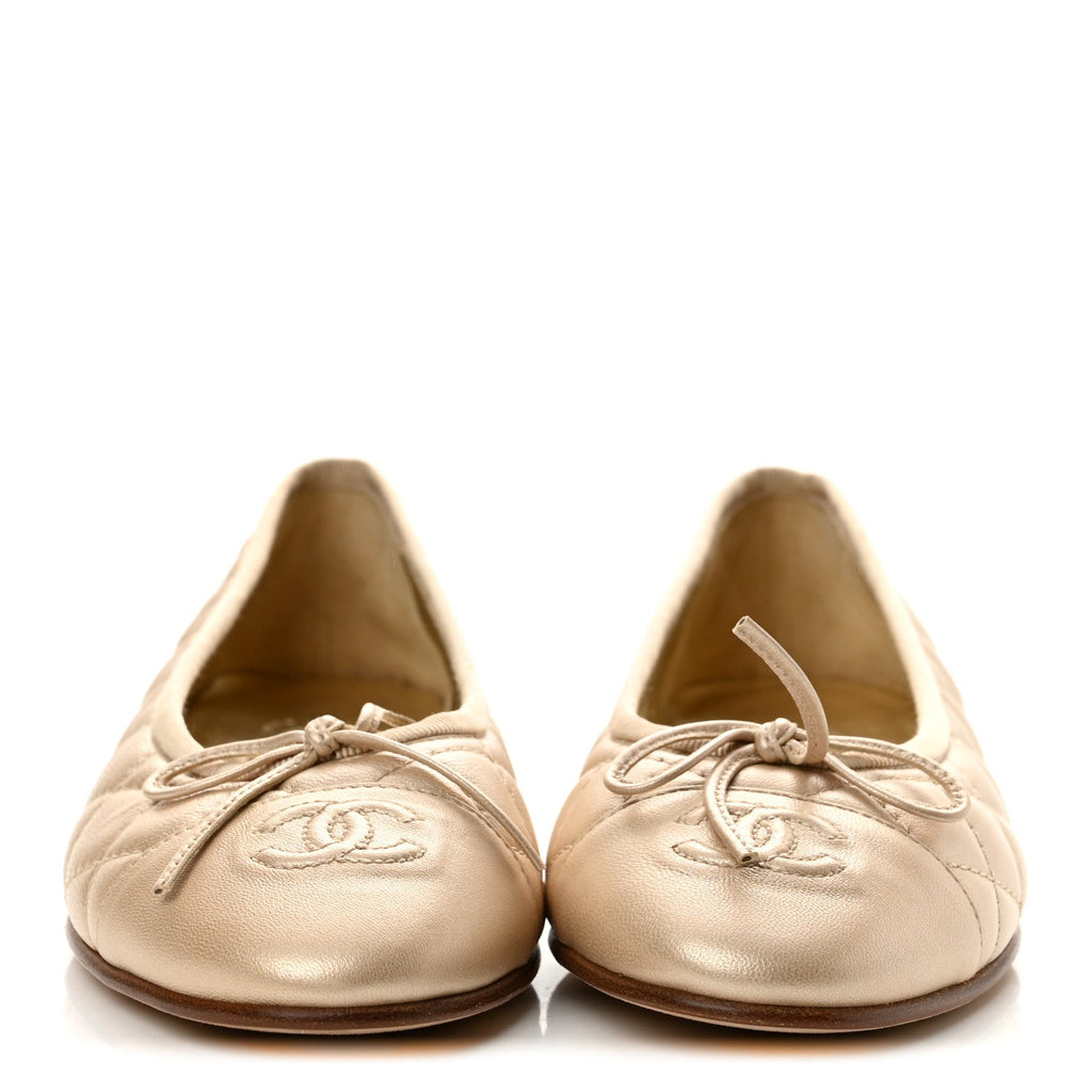 Metallic Lambskin Quilted CC Cap Toe Ballerina Flats 37 Light Gold