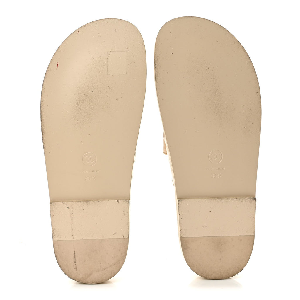 Shiny Calfskin Crystal Quilted Velcro Dad CC Slide Sandals 38.5 Beige