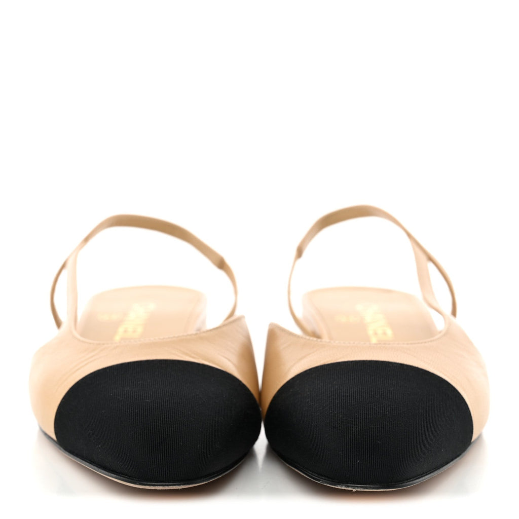 Goatskin Grosgrain Cap Toe CC Slingback Sandals 38.5 Beige Black