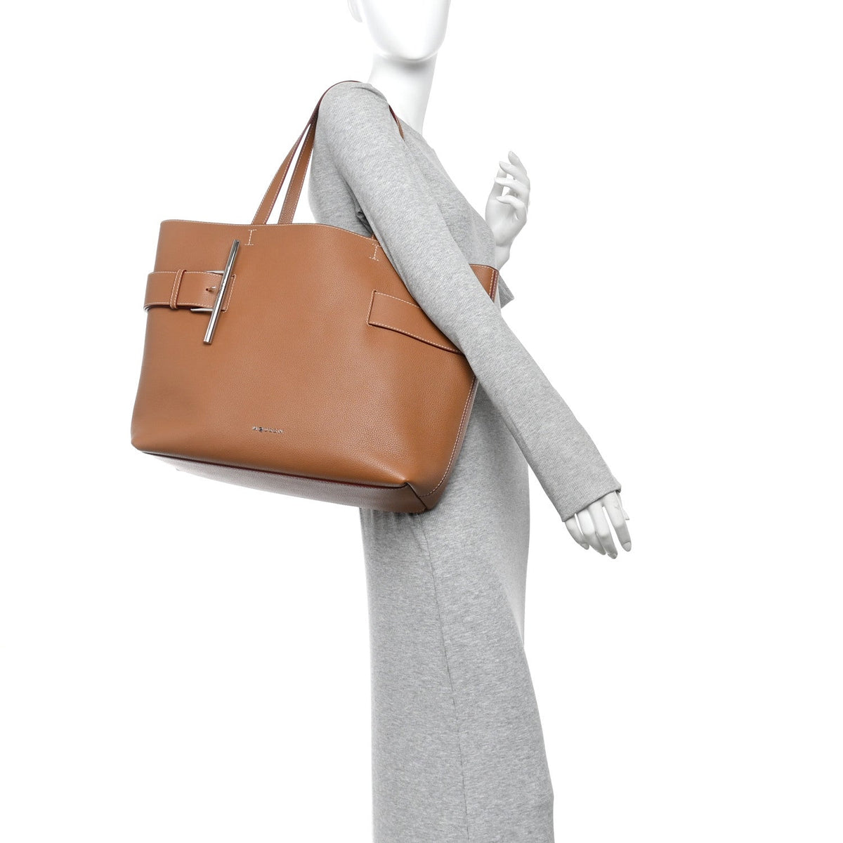 Grained Calfskin Large T-Bar Sling Tote  Tan