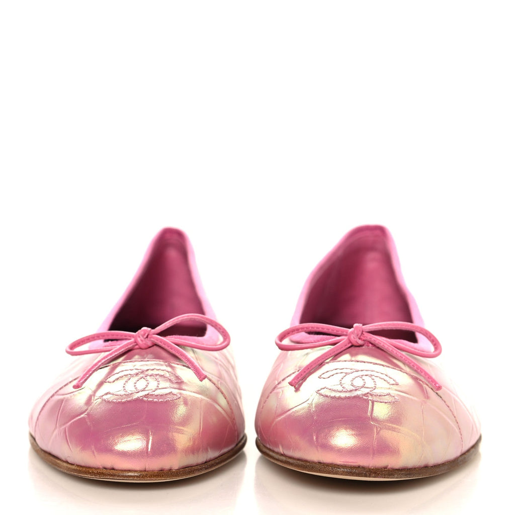 Iridescent Calfskin Crocodile Embossed Ballerina Flats 40 Pink