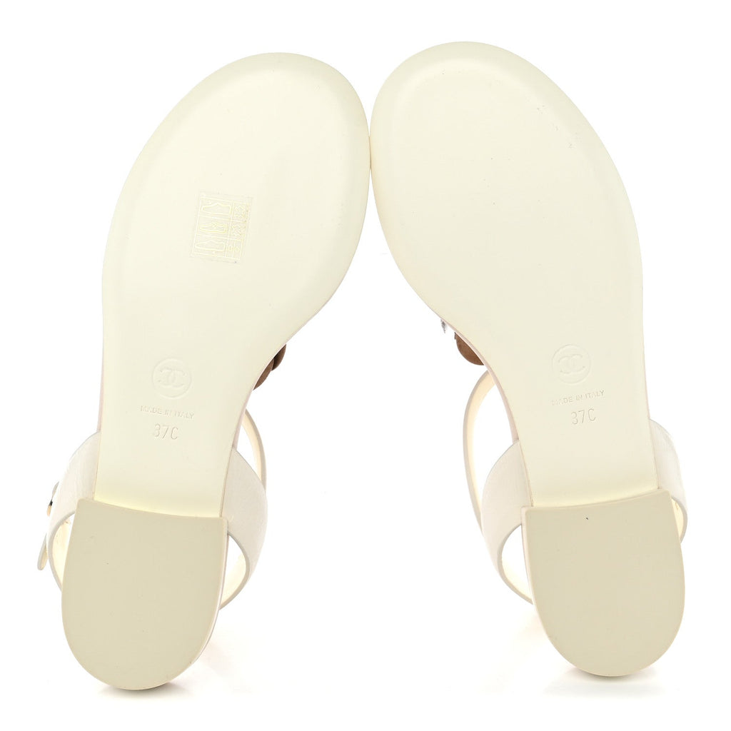 Shiny Calfskin Camellia Thong Sandals 37 Ivory Beige