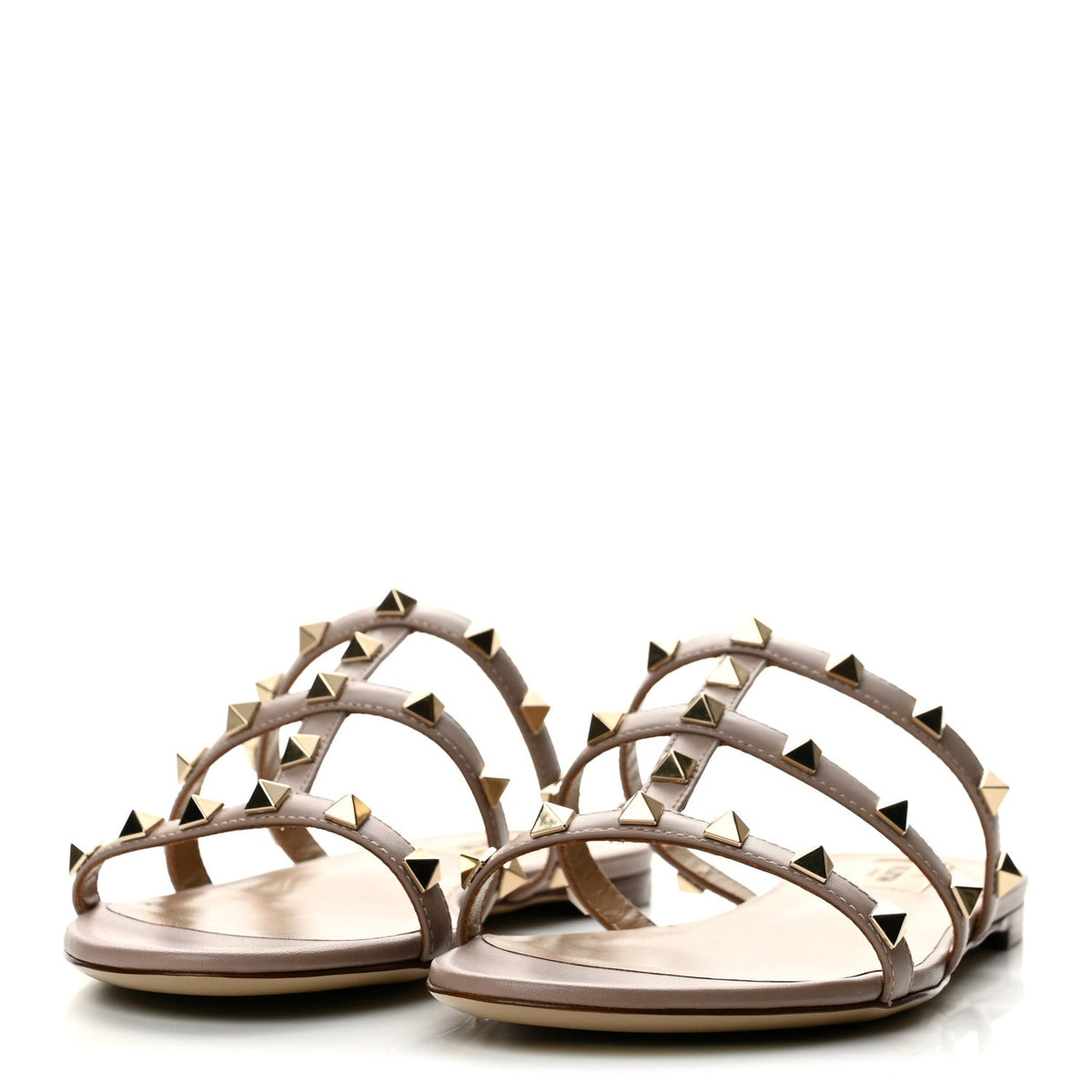 Calfskin Rockstud Caged Flat Slide Sandals 37 Poudre