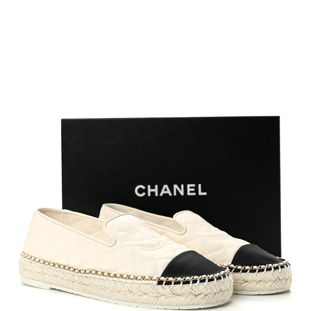 Shiny Lambskin Quilted Grosgrain Cap Toe CC Chain Espadrilles 40 White Black
