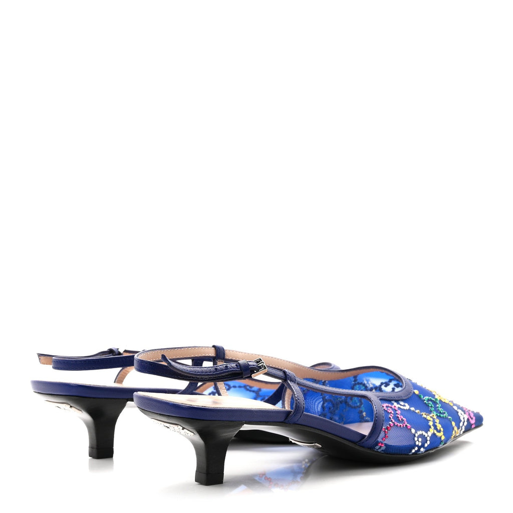 Tela Retino Nappa Charlotte Crystal GG Monogram Square G 35mm Slingback Pumps 38 Splash Net Blue Witch