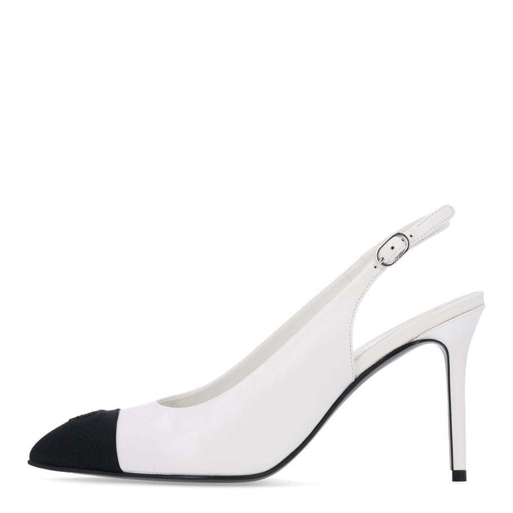 Goatskin Grosgrain Pointed Cap Toe CC Slingback Pumps 38.5 White Black