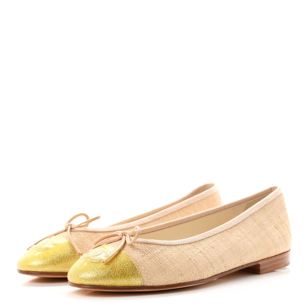Raffia Patent Glitter Cap Toe Ballerina Flats 38 Gold Beige