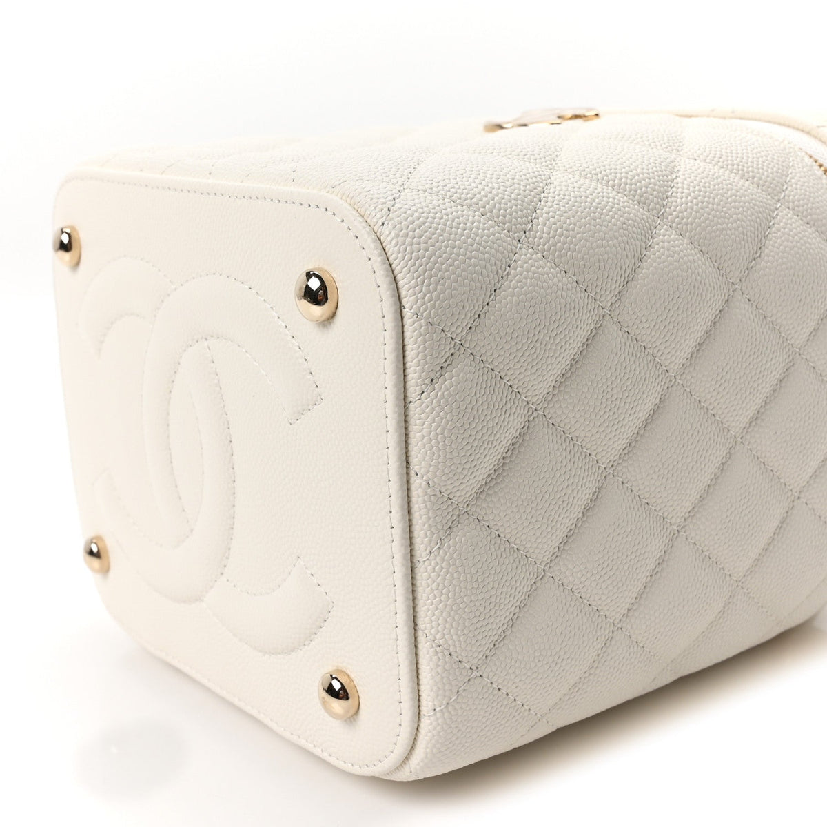 Caviar Quilted Small Top Handle Vanity Case With Chain White