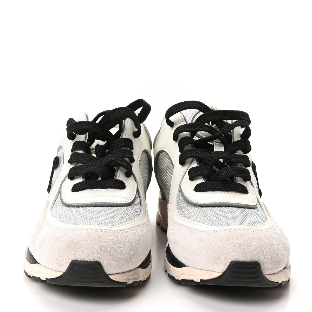 Mesh Suede Calfskin Grained Calfskin Womens CC Sneakers 37 White Silver Light Grey