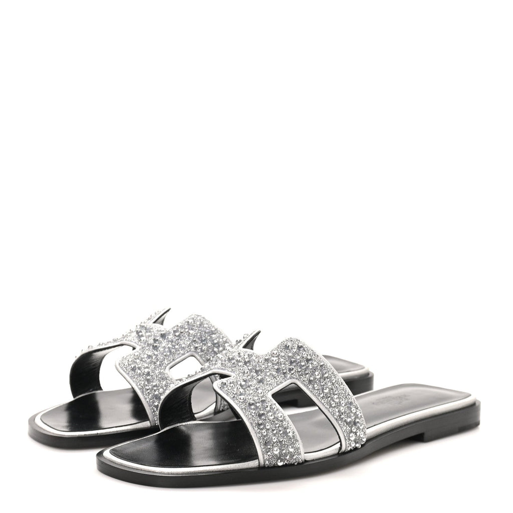 Velvet Goatskin Crystal Beads Oran Sandals 35.5 Gris Argente