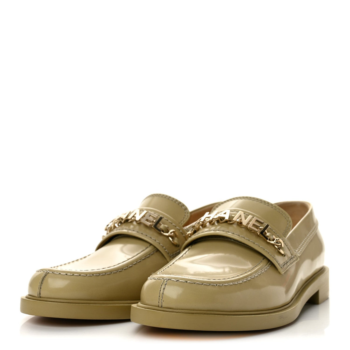 Shiny Calfskin Logo Loafers 37.5 Beige