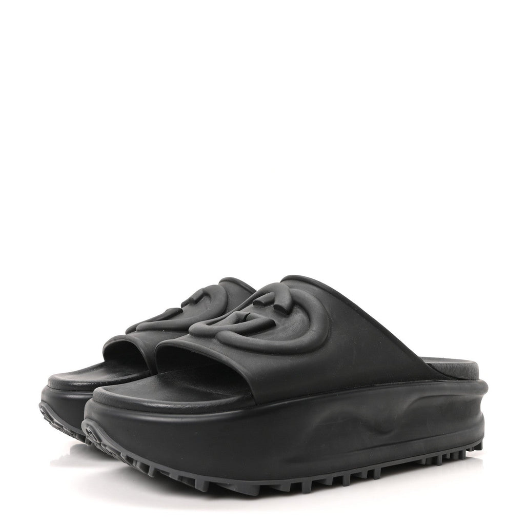 Soft Rubber Womens Interlocking G Platform 42mm Slide Sandals 38 Black