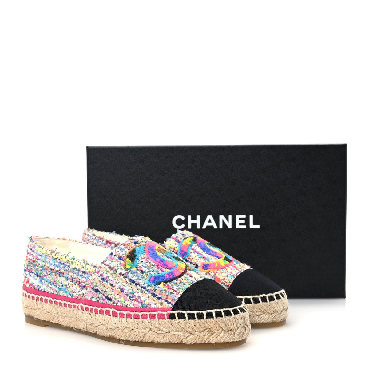 Cotton Tweed Grosgrain CC Espadrilles 36 Multicolor Black