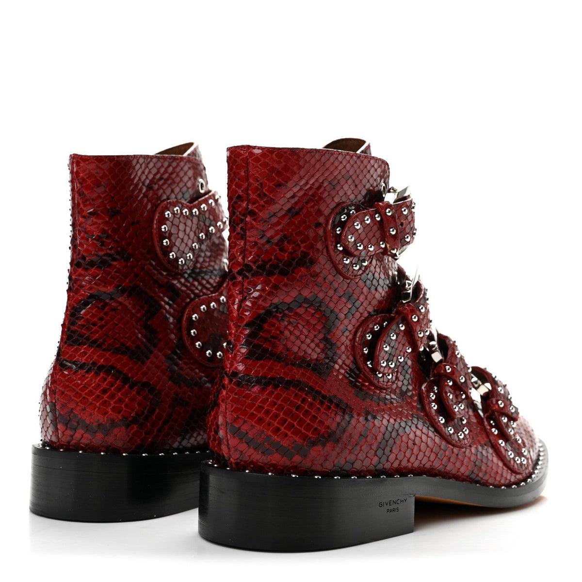Calfskin Snakeskin Embossed Studded Elegant Flat Ankle Boots 38.5 Red
