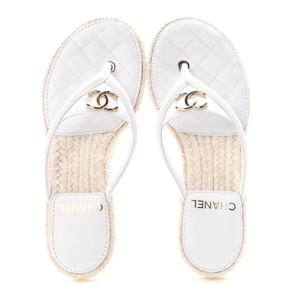 Lambskin Quilted Thong Espadrille Sandals 36 White
