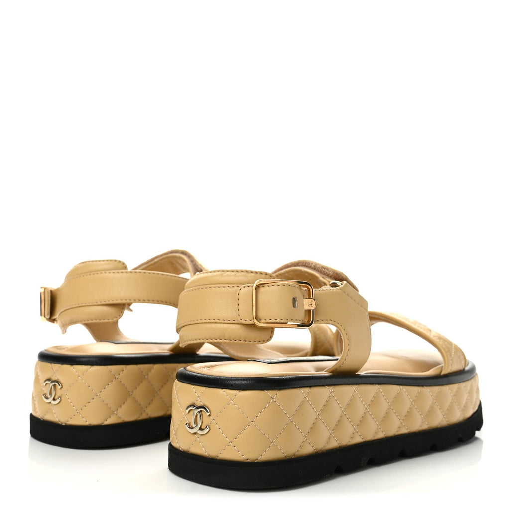 Lambskin Quilted Platform Sandals 39 Beige Black