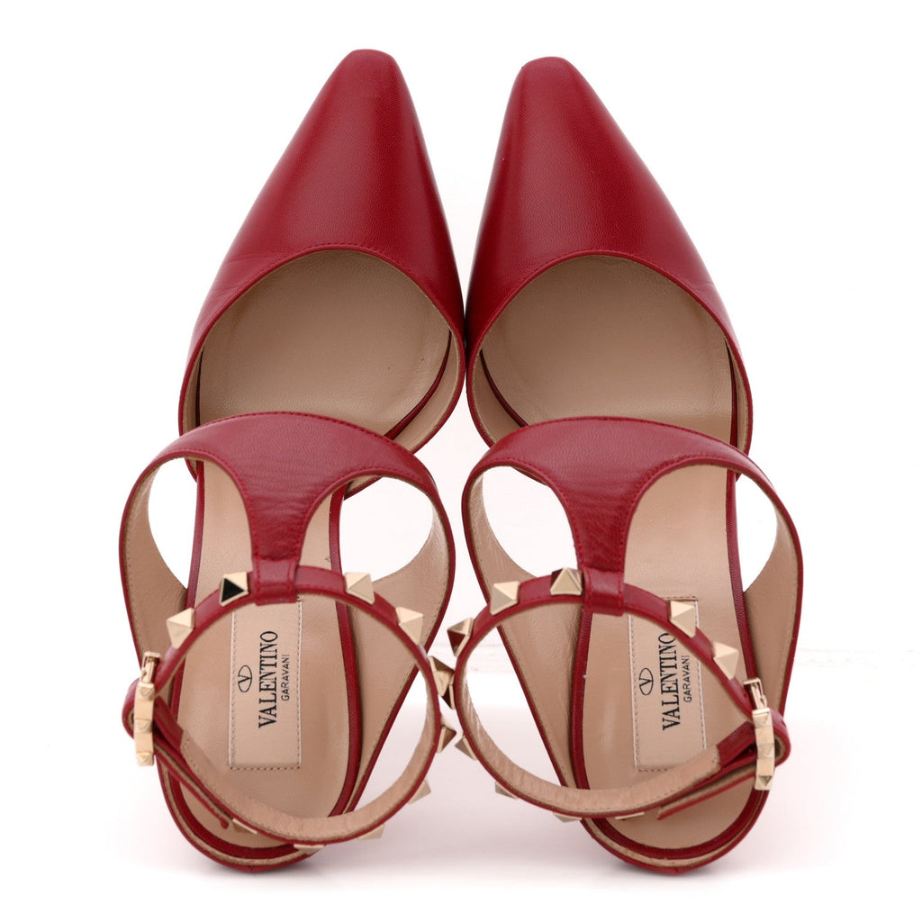 Calfskin Rockstud Ankle Strap 100mm Pumps 37 Red