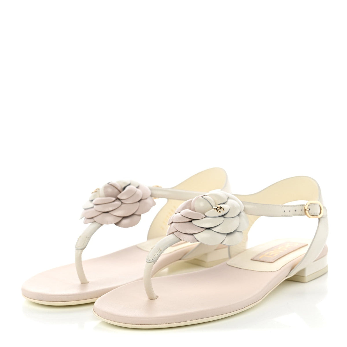 Shiny Calfskin Camellia Thong Sandals 37 Ivory Beige