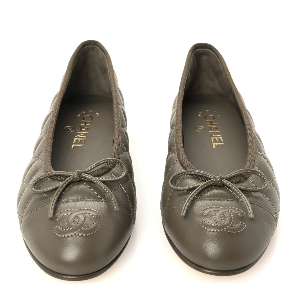 Lambskin Quilted CC Cap Toe Ballerina Flats 37 Dark Khaki