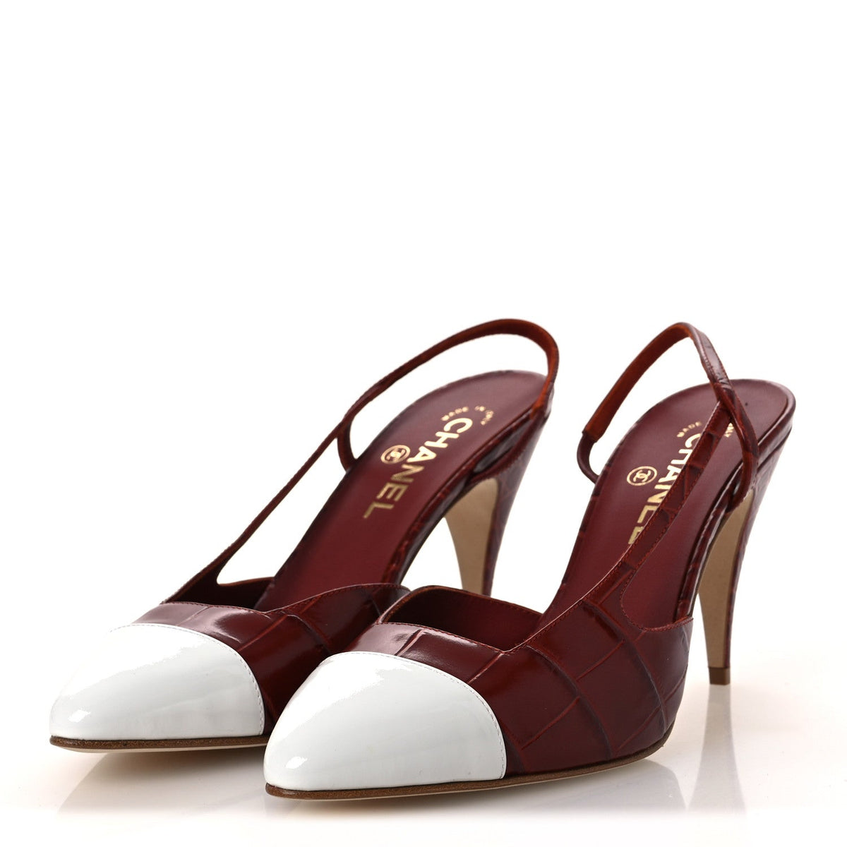Patent Calfskin Crocodile Embossed Cap Toe CC Slingback Pumps 39 Dark Red White