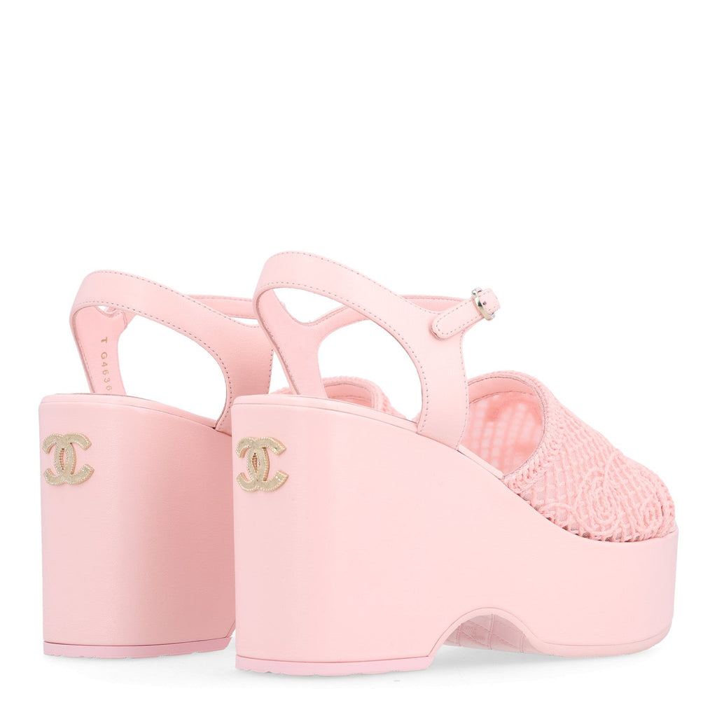 Fabric Calfskin CC Platform Sandals 39.5 Light Pink