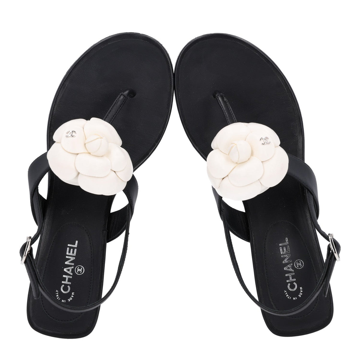 Lambskin Camellia Thong Sandals 36.5 Black White