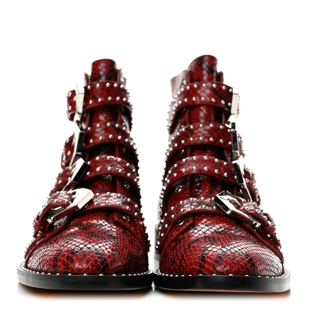 Calfskin Snakeskin Embossed Studded Elegant Flat Ankle Boots 38.5 Red