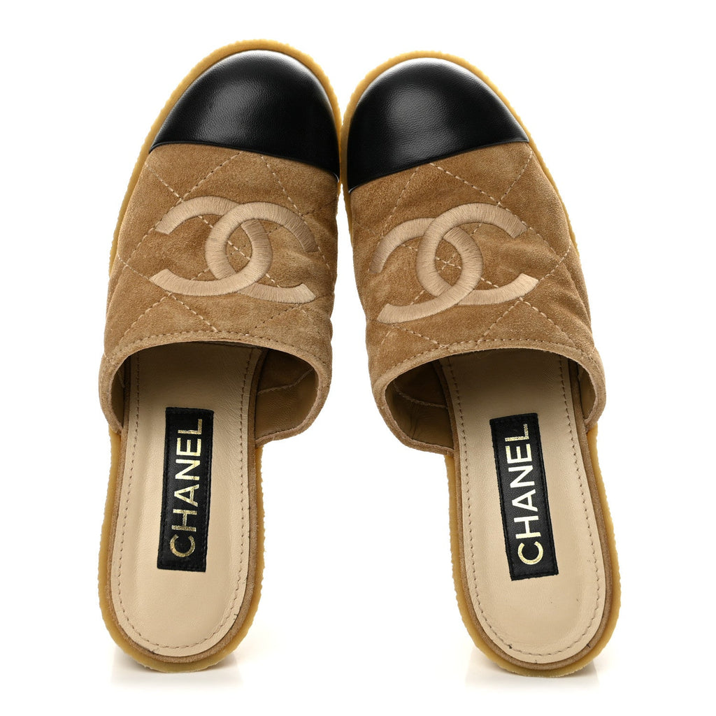 Suede Calfskin Lambskin Quilted CC Mules 39 Beige Black