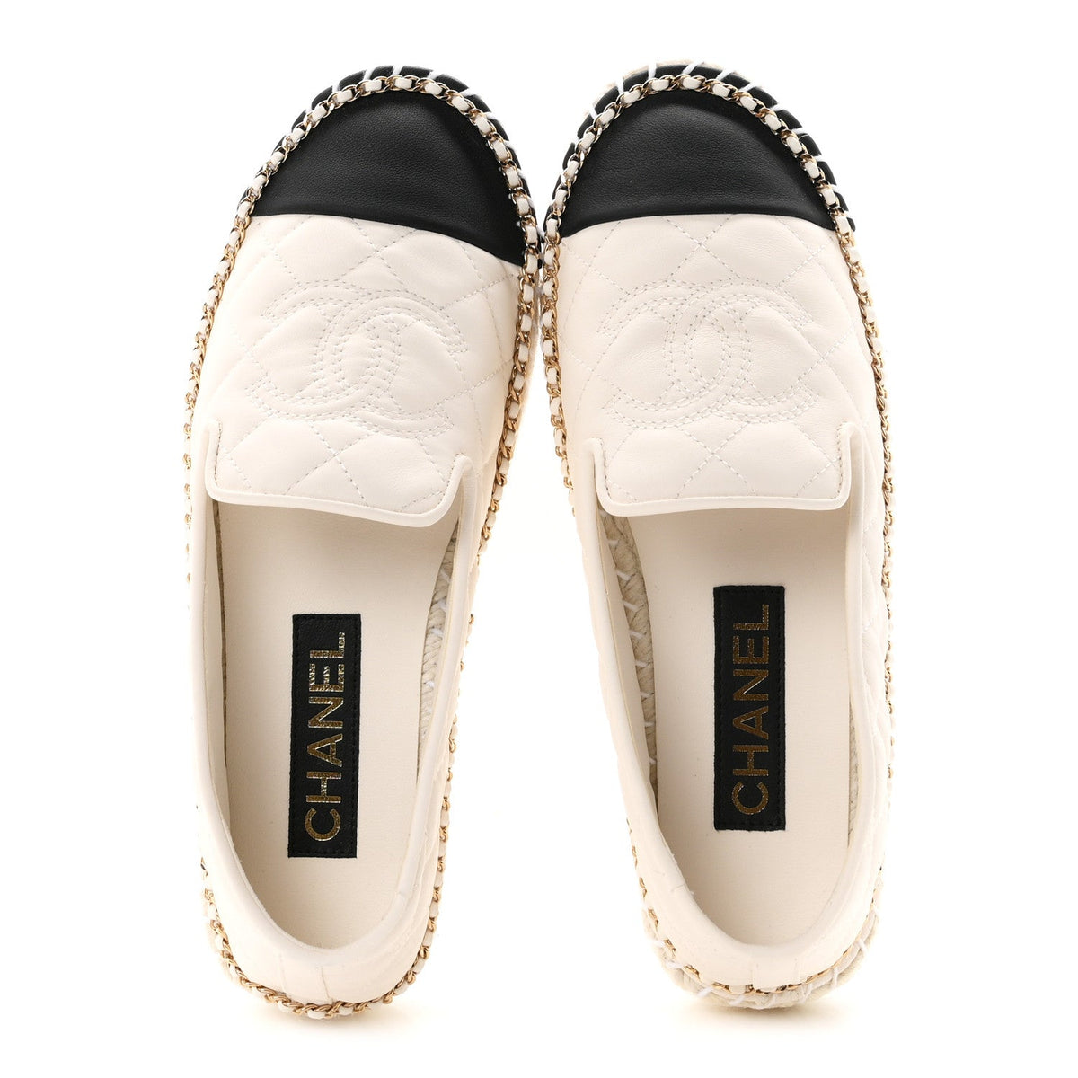 Shiny Lambskin Quilted Grosgrain Cap Toe CC Chain Espadrilles 37 White Black
