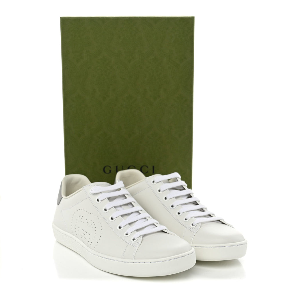 Calfskin Interlocking G Perforated Womens Ace Sneakers 38 White Grey Sky