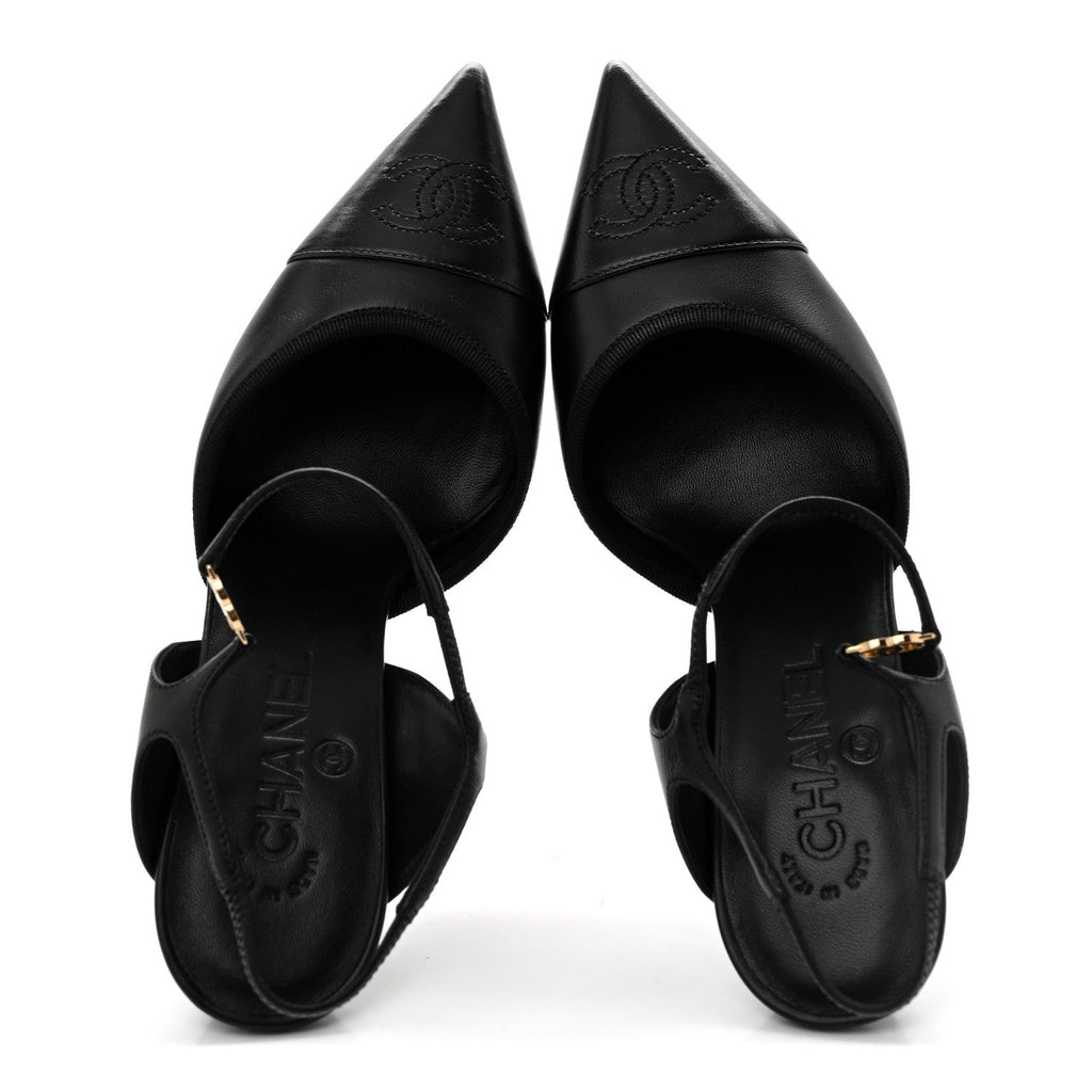 Lambskin Pointed Cap Toe CC Slingback Pumps 38 Black