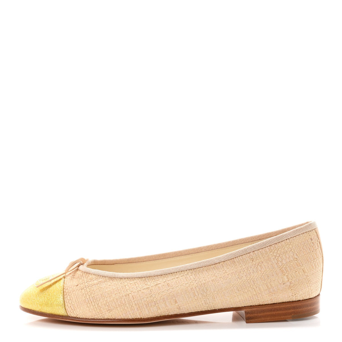 Raffia Patent Glitter Cap Toe Ballerina Flats 38 Gold Beige