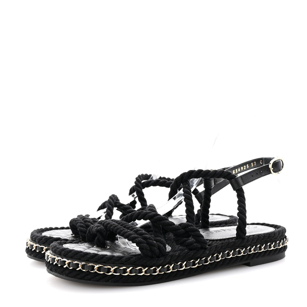 Lambskin Cord Chain CC Sandals 37 Black